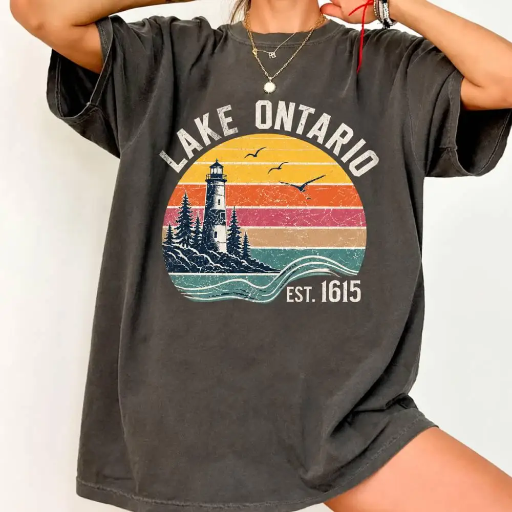 Summer Women's Lake Ontario Print T-shirt Unisex Cotton and Breathable Short Sleeve Streetwear Oversized Loose Casual