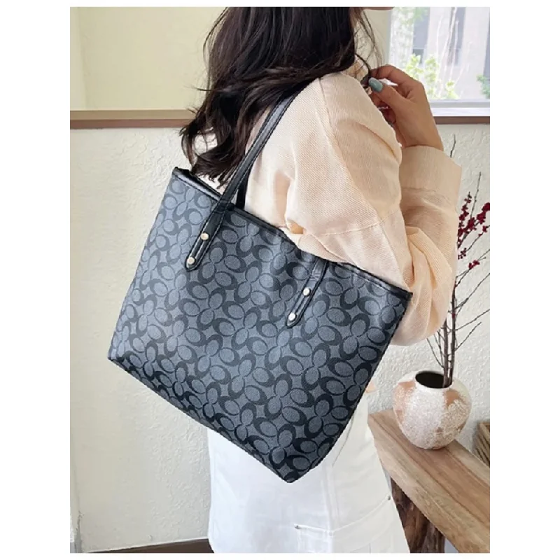 Classic Monogram Print Tote Bag, Large Capacity PU Trim Canvas Shoulder Bag, Versatile Daily Work Shopping Handbag For Women image 5