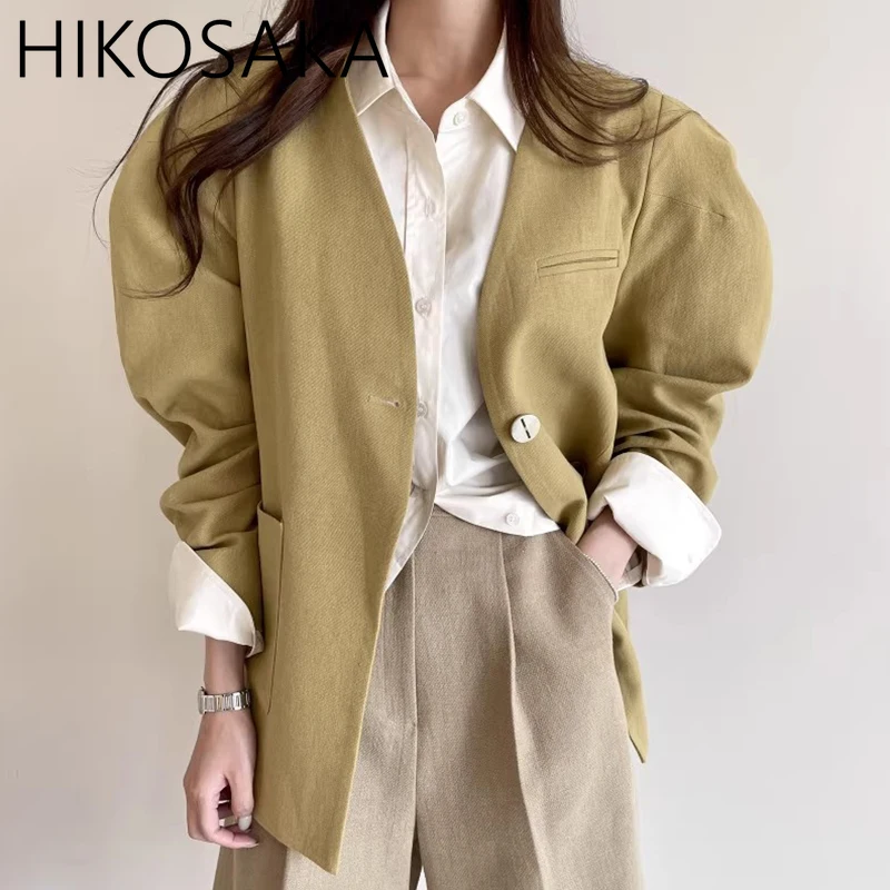 V Neck Temperament Long Sleeve Jackets Vintage Pocket Button All-match Tailored Coat Korea Chic Mid-length Loose Woman Jacket