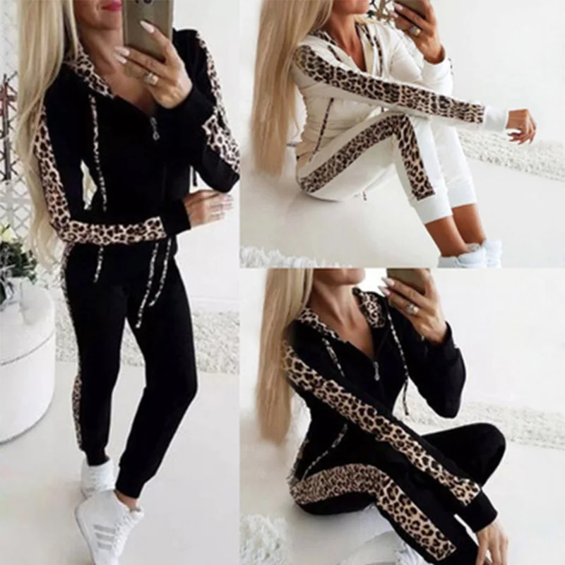 Leopard Print Patchwork Sporty Style Two Piece Set Women Zipper Hooded Cardigan Trousers 2 Piece Sets Female Fashion Streetwear