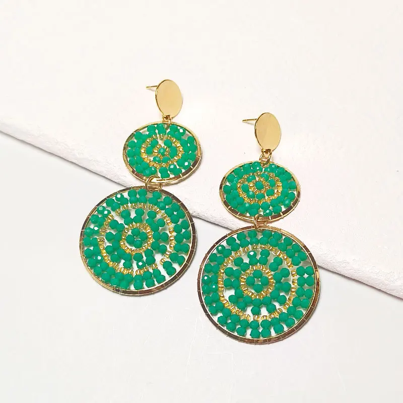 Rice bead earrings Circle Multilayer Green Originality Bohemia Alloy Simple Hand knitting Alloy Beaded earrings