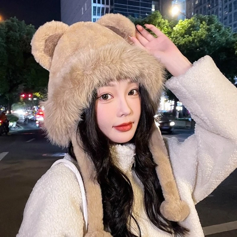 Bear Ear Flap Hat - Winter Cute Animal Design with Face Slimming Effect, Plush Fleece Lined Cap for Outdoor & Daily Use