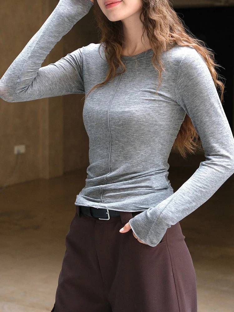 [EAM] Women Black Gray Brief Soft Slim Plain T-shirt New Round Neck Long Sleeve Fashion Tide Spring Autumn 2024 1DH7050