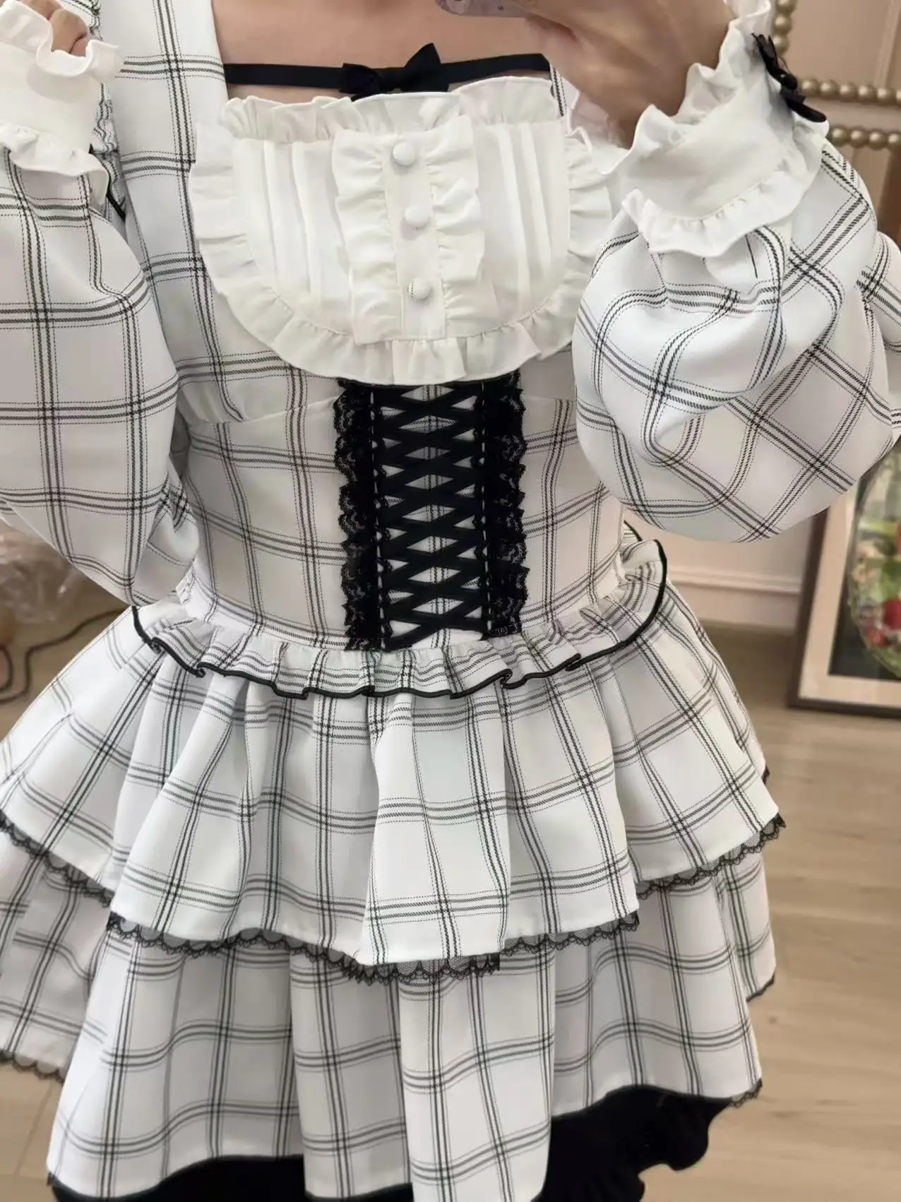 Japanese Style Mass-production Sweet Cute Lolita Dress Set Square Neck Long Sleeve Plaid Dresses Shorts Two-Piece Set for Women