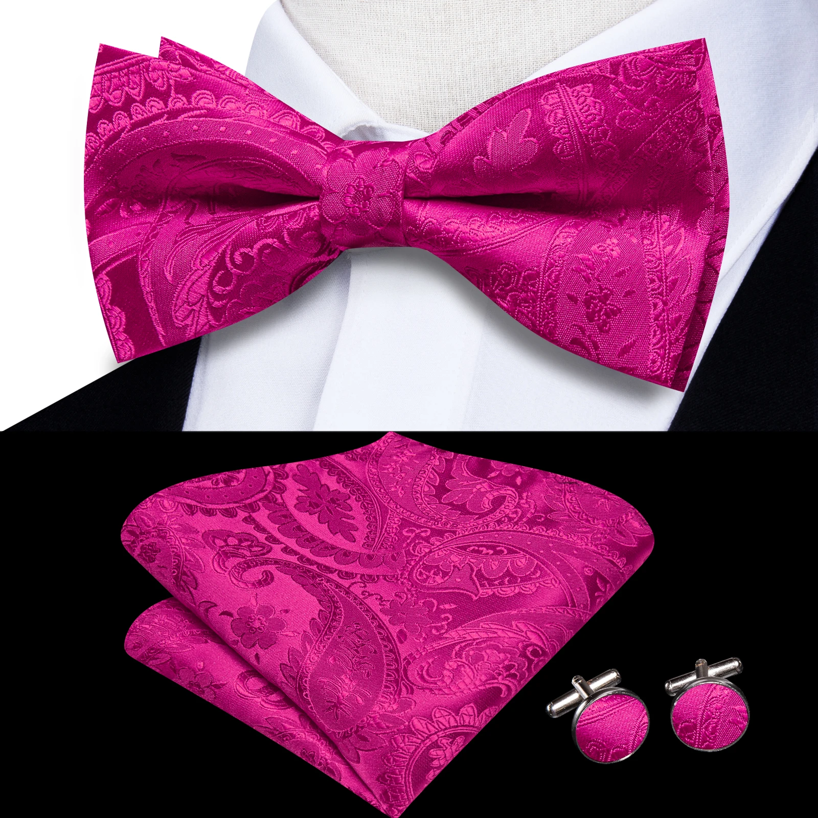 Hi-Tie Silk Mens Colorful Bow Tie Hanky Cuffs Set Purple Orange Pre-tied Butterfly Knot Bowtie for Wedding Business