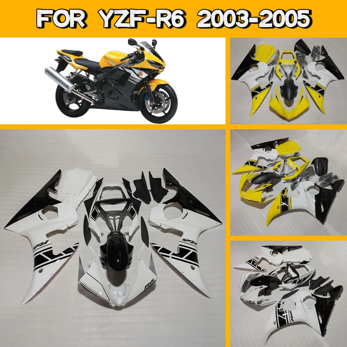 

2003 2004 2005 YZFR6 White Yellow Fairings Motorcycle Complete Fit for 03 04 05 Yamaha YZF R6 Injection Fairing Set