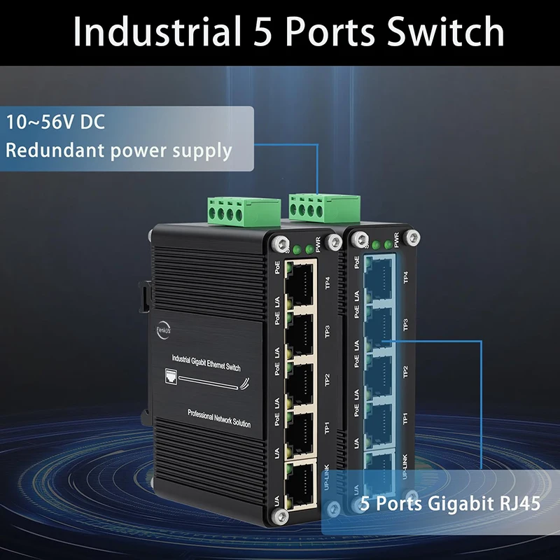 5-Port Industrial Gigabit Ethernet Switch DIN Rail Mount Unmanaged Network Switch 10/100/1000Mbps RJ45 Aluminum Case