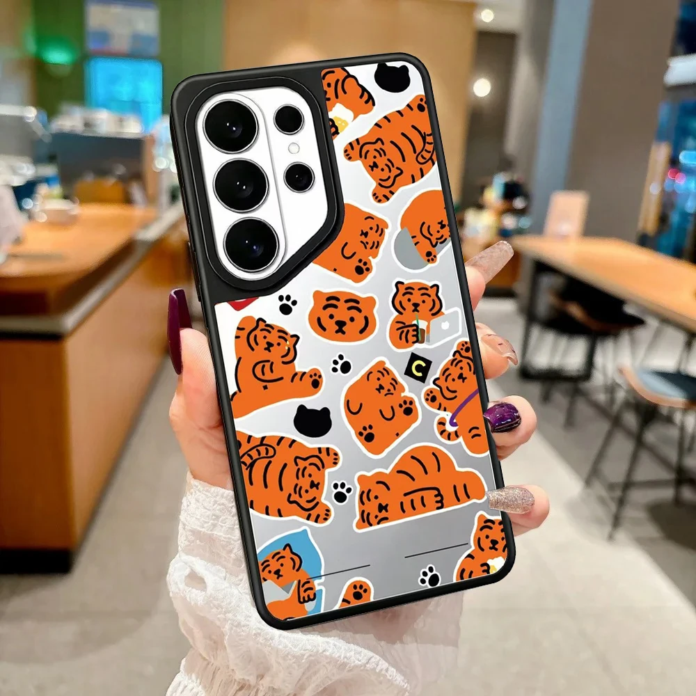 Cartoon Tiger Stickers Mirror Surface Magnetic Phone Cover for Samsung Galaxy S23 S24 S25 S26 Ultra S26+ Plus Case