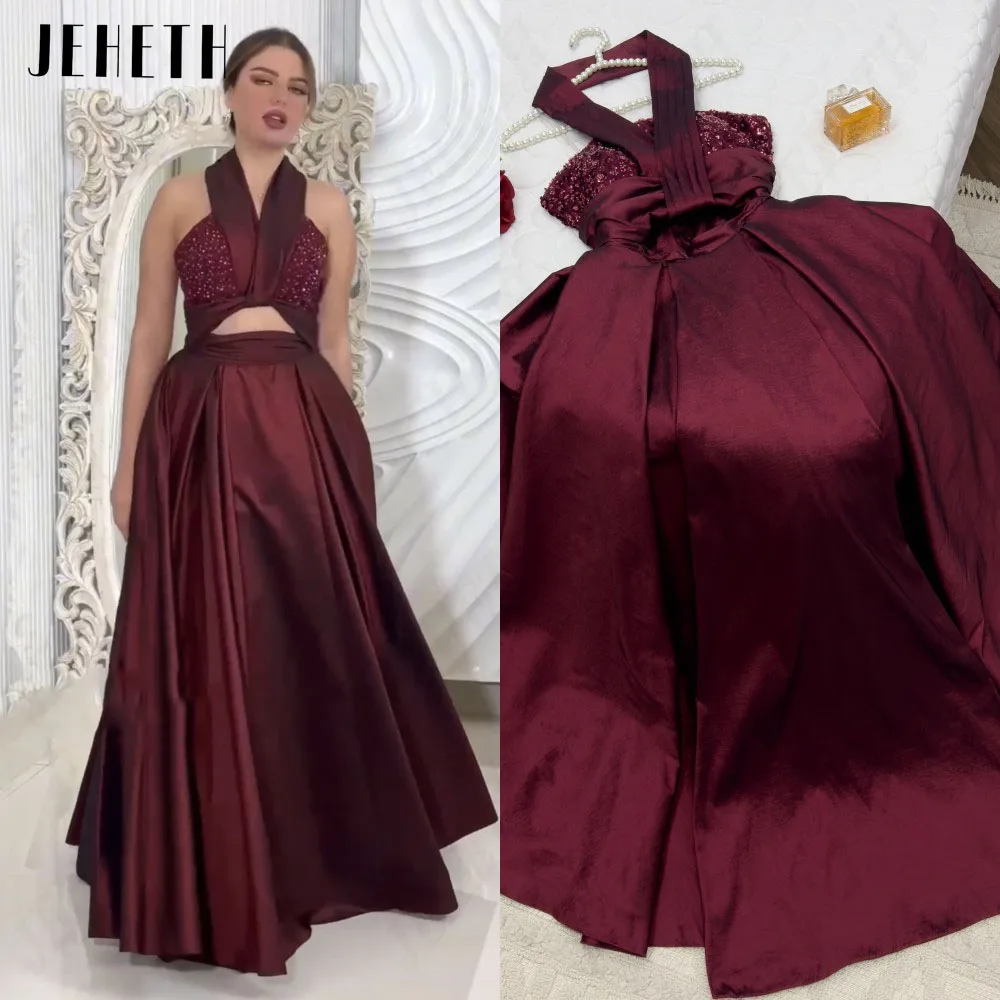 

JEHETH Exquisite Sleeveless Evening Gowns Halter Neck Sleeveless Satin A-Line Prom Dresses Saudi Arabia Women's Formal Dress