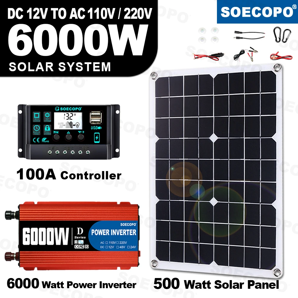 

6000W Solar Generator Kit w/ 500W Panel & 100A Controller 12V to 110V/220V Inverter with Alligator for Home/RV Emergency CE/FCC