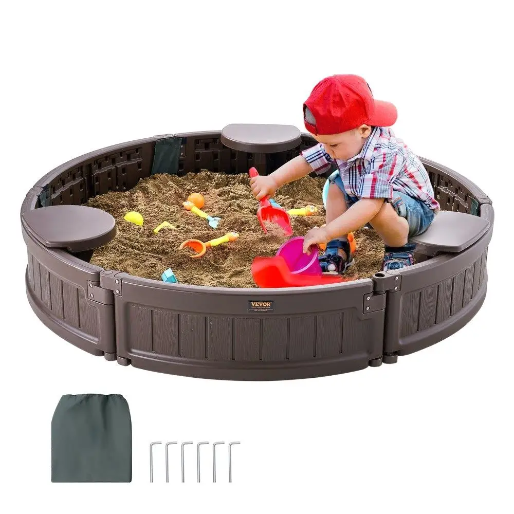 

Sandbox with Cover 47.2x9.1in Round Sand Box HDPE Sand Pit 3 Corner Seating Bottom Liner Kids Sandbox for outdoor Backyard Beach