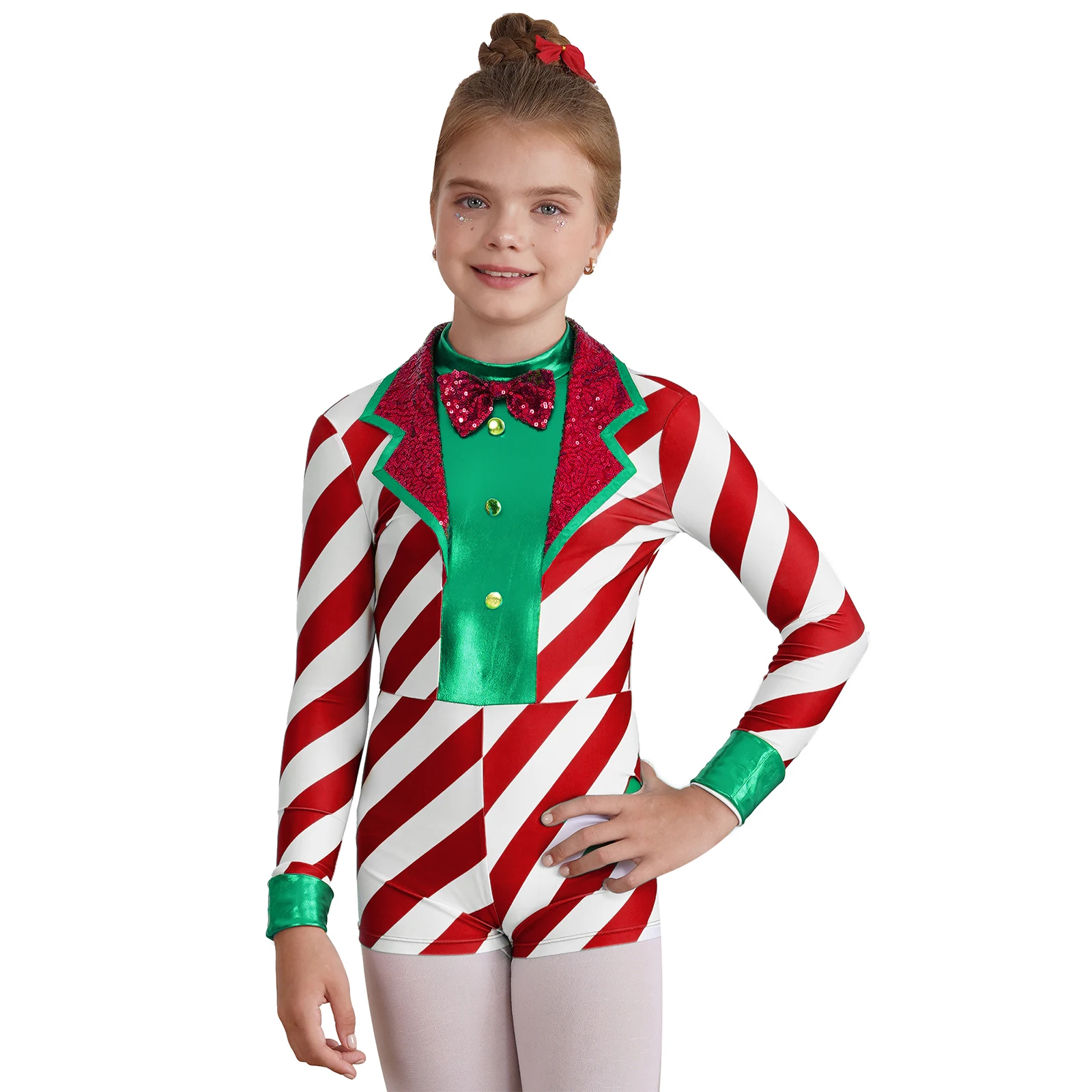 Kid Christmas Candy Cane Costume Girls Mrs Santa Dress Up One Piece Unitard Ballet Gymnastic Ballroom Dancewear Striped Jumpsuit