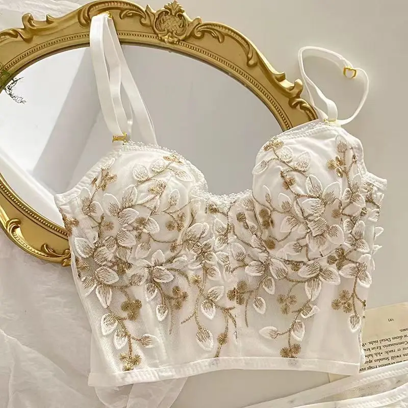 New Embroidery Lace Flowers French Underwear Bralette Sexy Body Shaping Push Up Bra Set Romantic White Black Cute Lingerie Thin