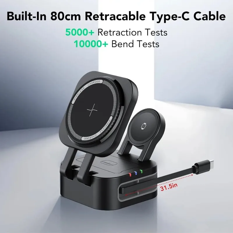 محطة شاحن لاسلكية مغناطيسية 3 في 1 مع أسلاك تمديد لهاتف iPhone 17 16 15 14 13 12 iWatch 11-2 Airpods Pro شحن سريع #2