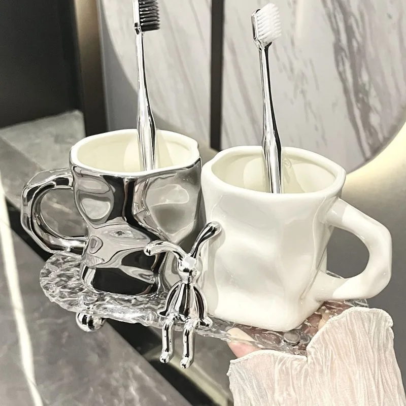 High-grade Ceramic Toothbrush Cup Couple Set Electric Silver Wash Cup with Glass Tray Rabbit Decoration Bathroom Accessories New