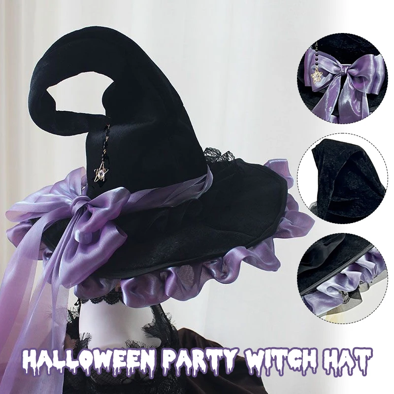 NEW Black Halloween Witch Hat Party Cosplay Costume Magic Fairy Lolita Anime Headgear Bowknot Gothic Vampire Bride Big Brim Cap