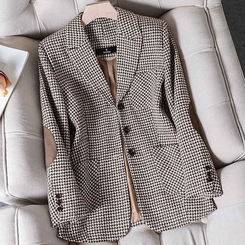 Coffee Plaid Blazer Women Tempeament Wool Long Sleeve New Fashion Slim Jacket Office Ladies Work Coat Gray Tops