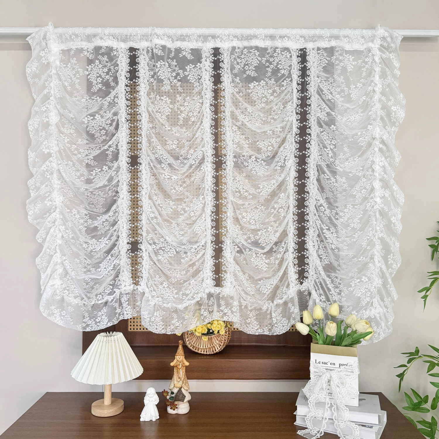 1PC Romantic White Lace Floral Ruffled Sheer Curtain for Living Room Gauze Window Drape Kitchen Study Home Decoration#E