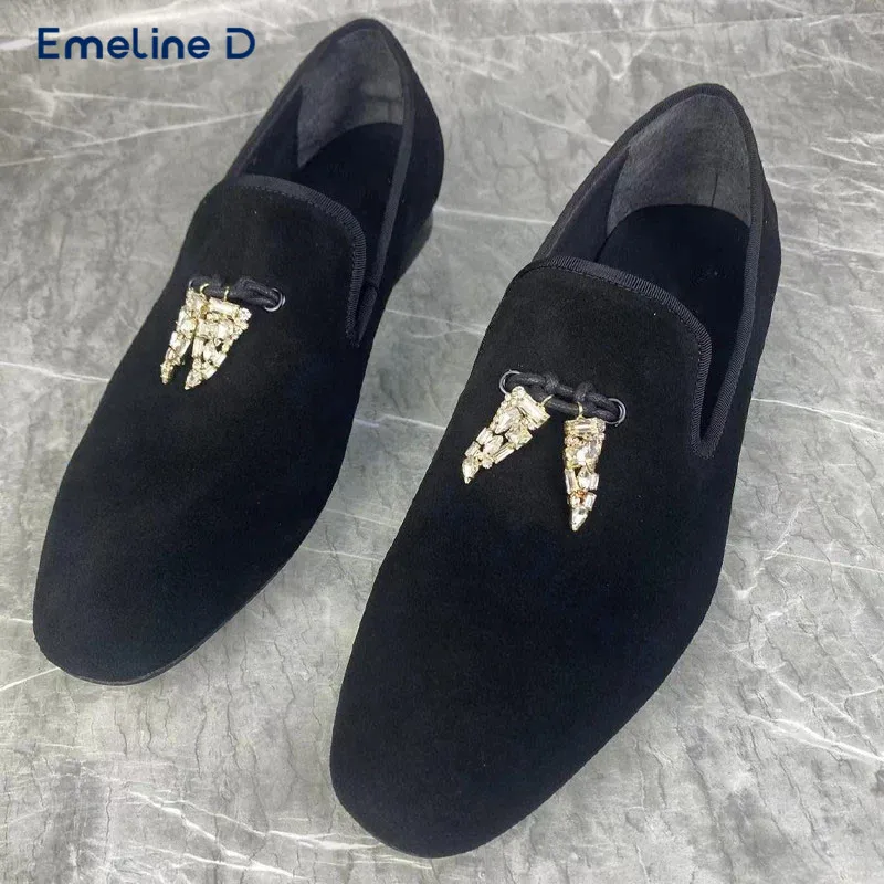 Crystal Pendant Business Black Loafers Round Toe Suede High Quality Slip-On Thick Heel Casual Shoes Men's Trendy Formal Shoes