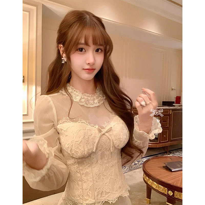 MEXZT Vintage Cropped Lace Shirts Women Sweet Elegant Mesh Patchwork Blouses Summer Ladies Korean Long Sleeve Slim Design Tops - view 3