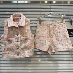 2024 Summer New Classic Style Color Wire Plaid Tweed Woven Vest + Shorts Suit Women's Two Pieces Sets Elegant Outfits