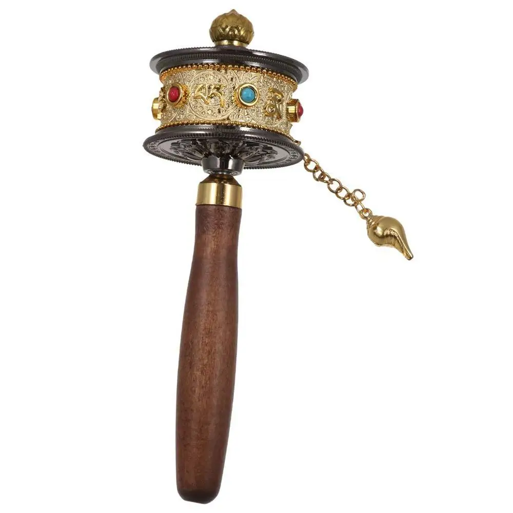 Hand Cranking Tibetan Prayer Wheel Double Bearing Colourful Turn Praying Instrument Hand Held Wooden Handle Religious Ornament