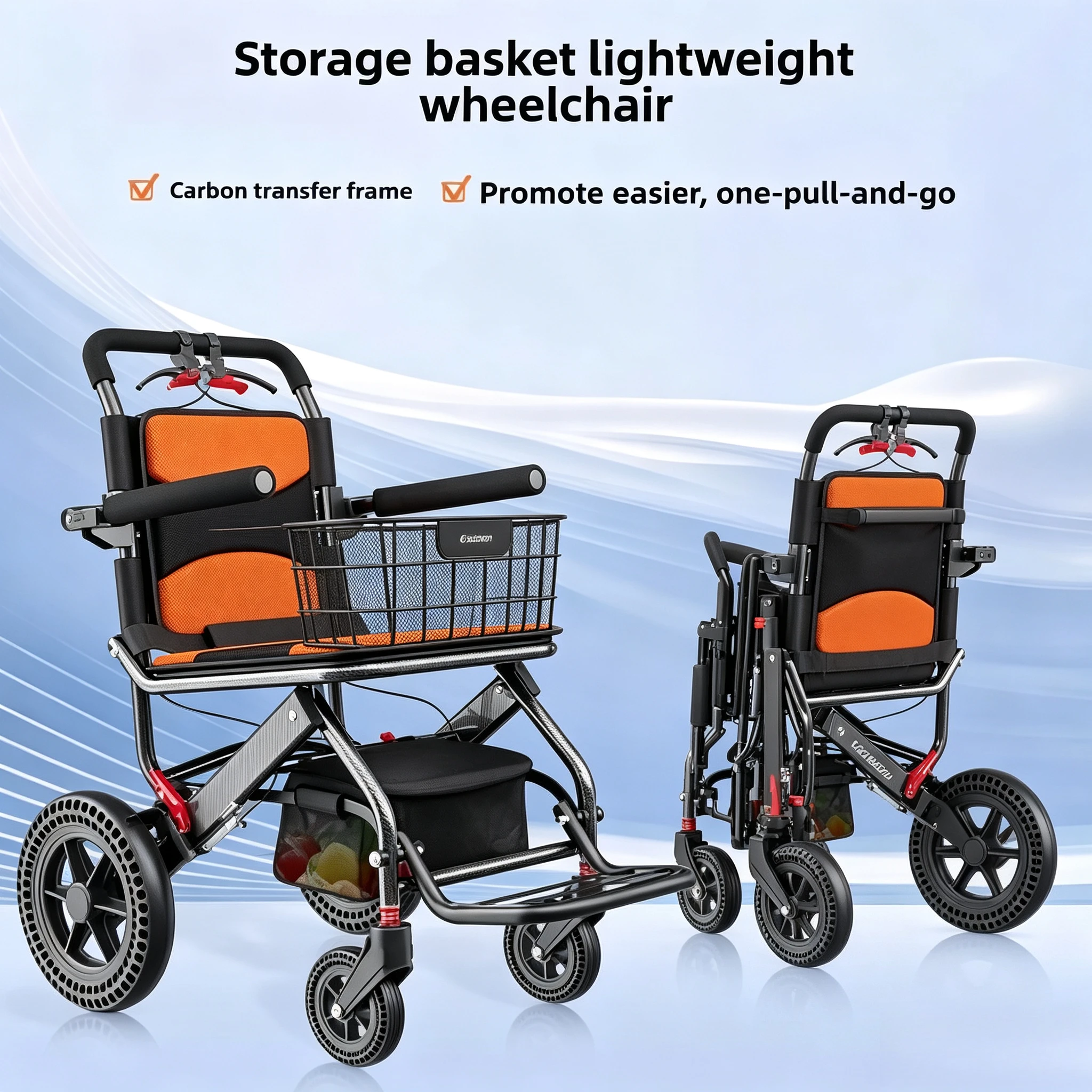 Ultra Lightweight Foldable Manual Wheelchair Compact Travel Hand Push Chair With Shopping Bag Blue For Elderly Seniors