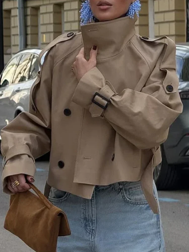 

Women's Stand Collar Belt Trench Coat Fashion Long Sleeve Double Breasted Lace Up Short Windbreaker Autumn Lady Street Outerwear