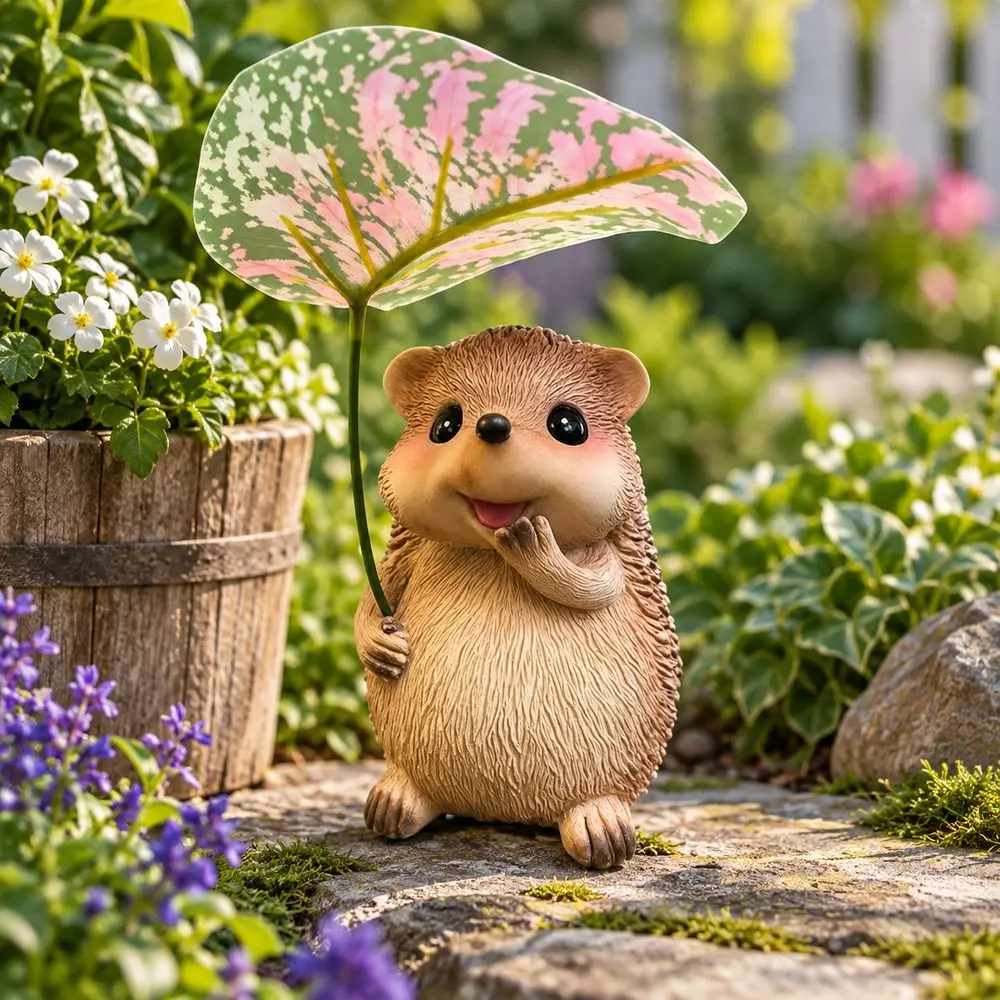 New Realistic Hedgehog Figurine Leaf Umbrella Handcrafted Look Hedgehog Statue Resin Animal Ornament Animal Garden Decor