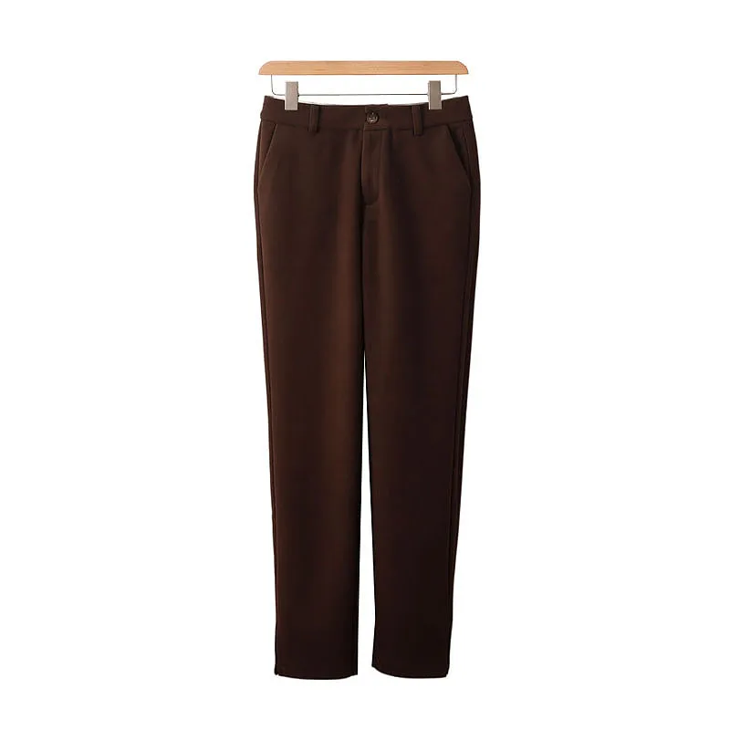 

High Waist Winter Fashion Women's Coffee Velvet Long Pants Slit Design Casual Straight Leg Trousers for Ladies
