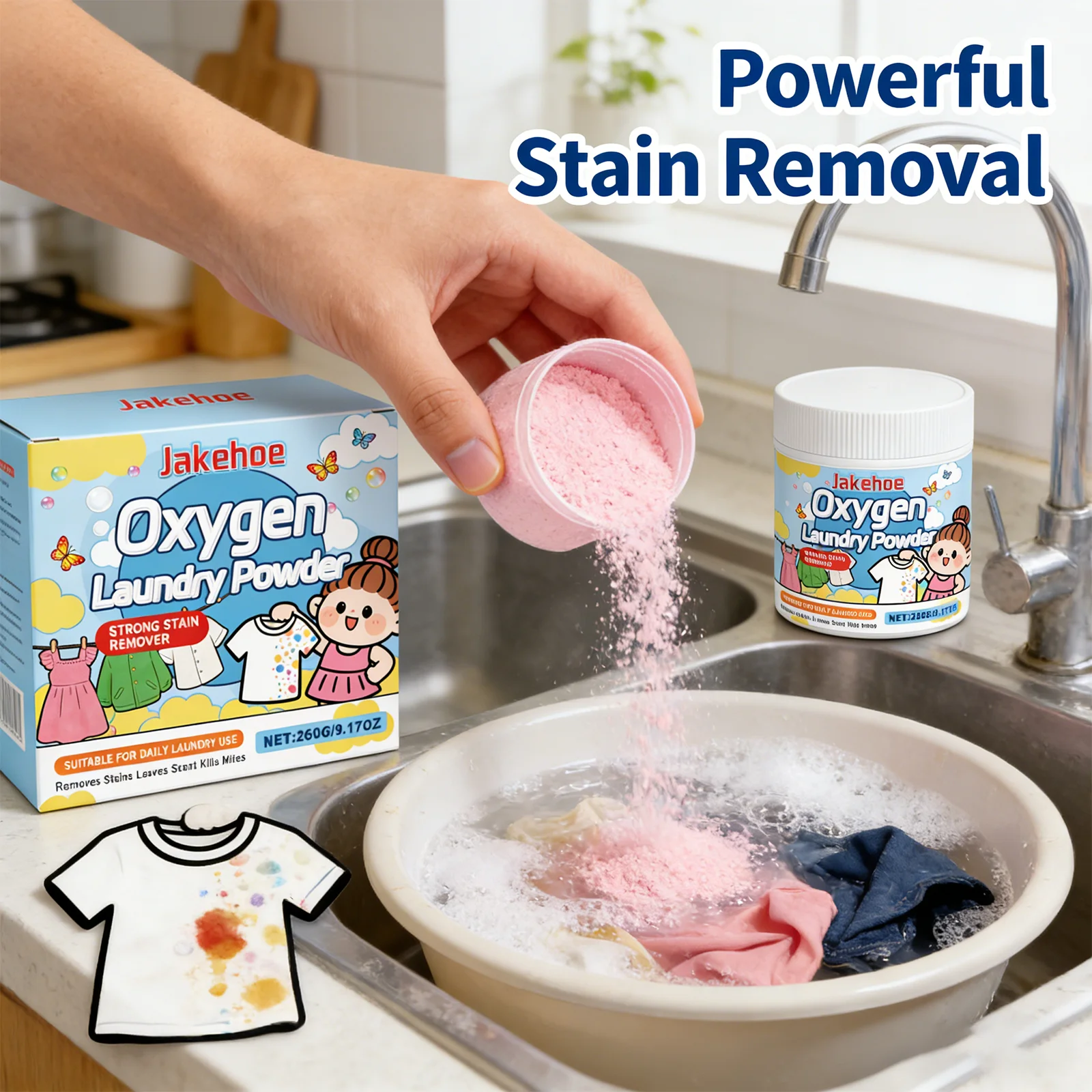 Polvo Quitamanchas para Lavandería, Blanqueador con Oxígeno Activo para Ropa Blanca y Cuidado de Telas, 260g, Limpiador de Ropa Versátil