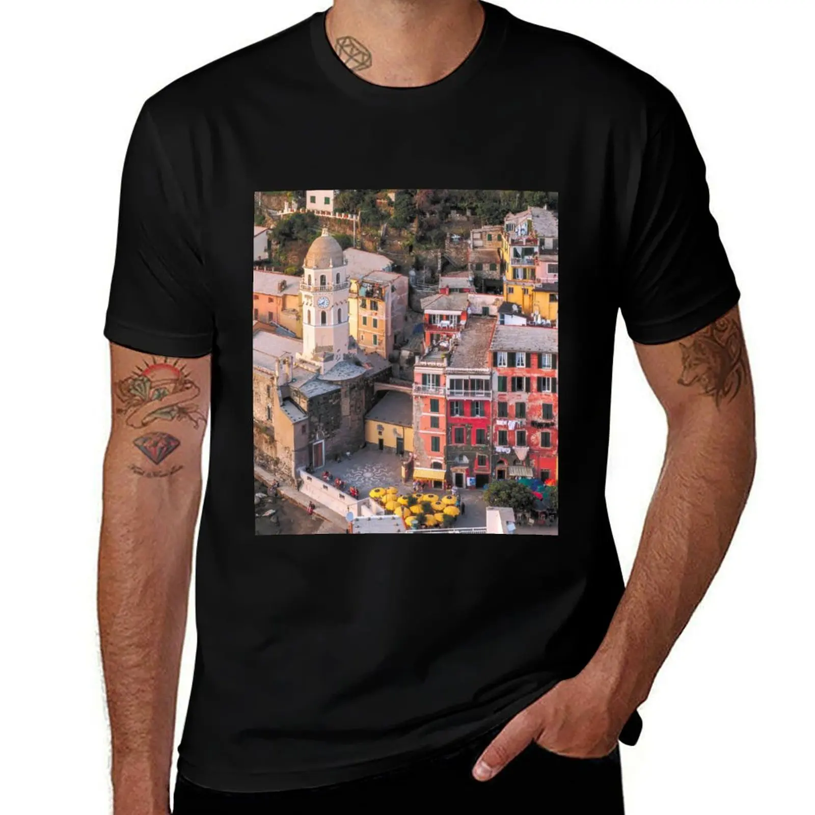 Pink orange red Cinque Terre Italy colourful houses T-Shirt Casual Everyday Wear T-Shirt