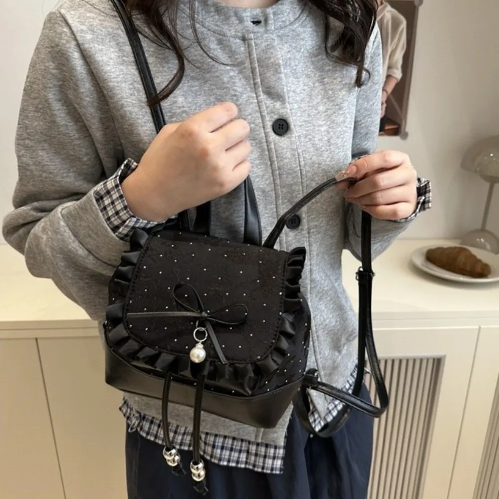 Gift Lace Trim Butterfly Knot Backpack Mini Size Casual Polka Dot Backpack Lightweight Trendy Sweet School Bag Spring Summer