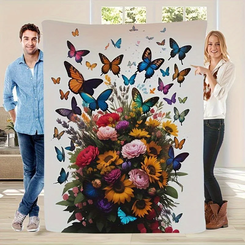 Vibrant Butterfly and Floral Print Flannel Throw Blanket - Soft, Warm, and Stylish Gift for Sofa, Bed, Office, or Travel