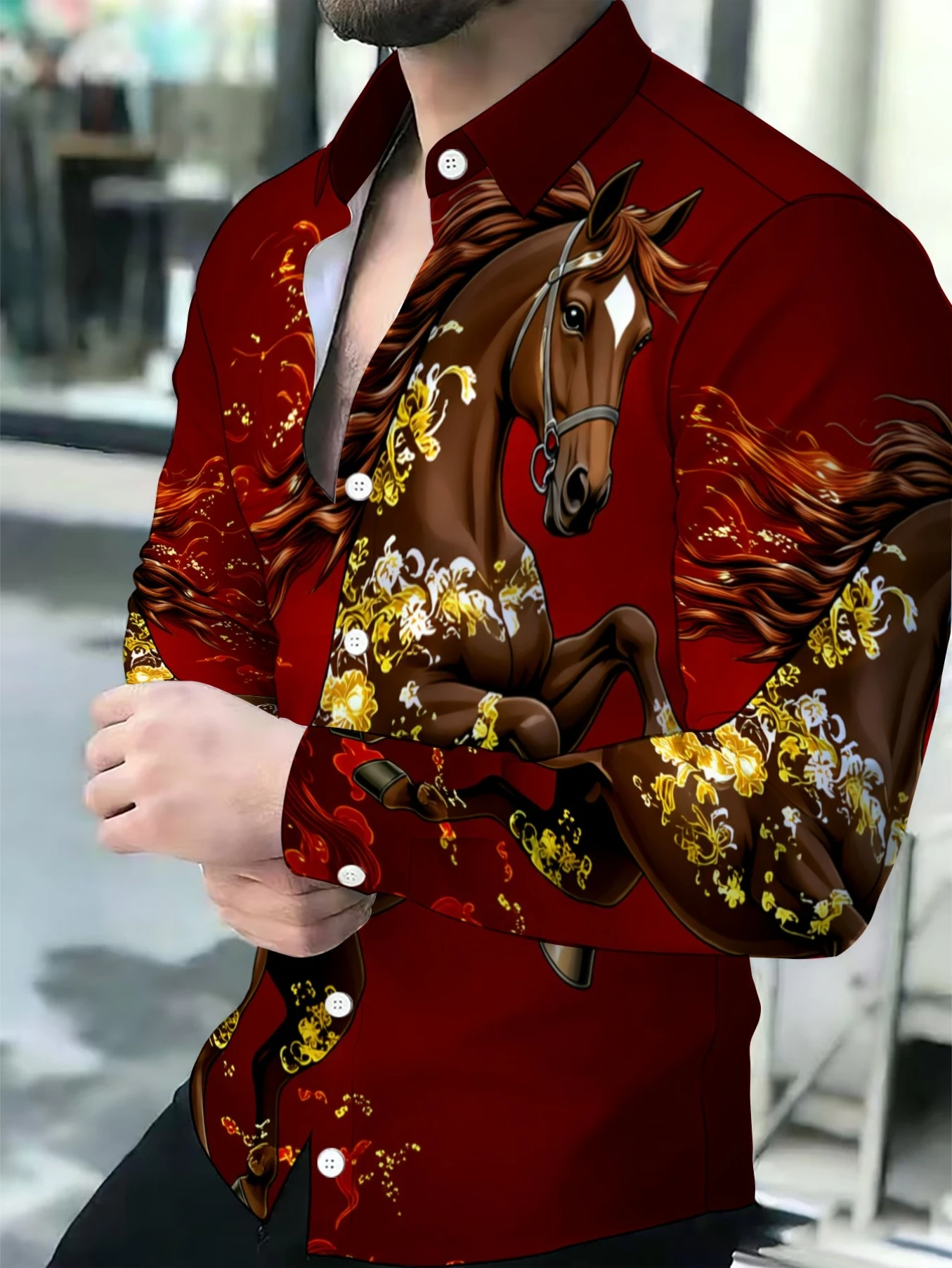 Men Long-Sleeve Button-Down Shirt Wine Red Galloping Horse Golden Floral Print Polyester Lapel Collar Casual Party Top