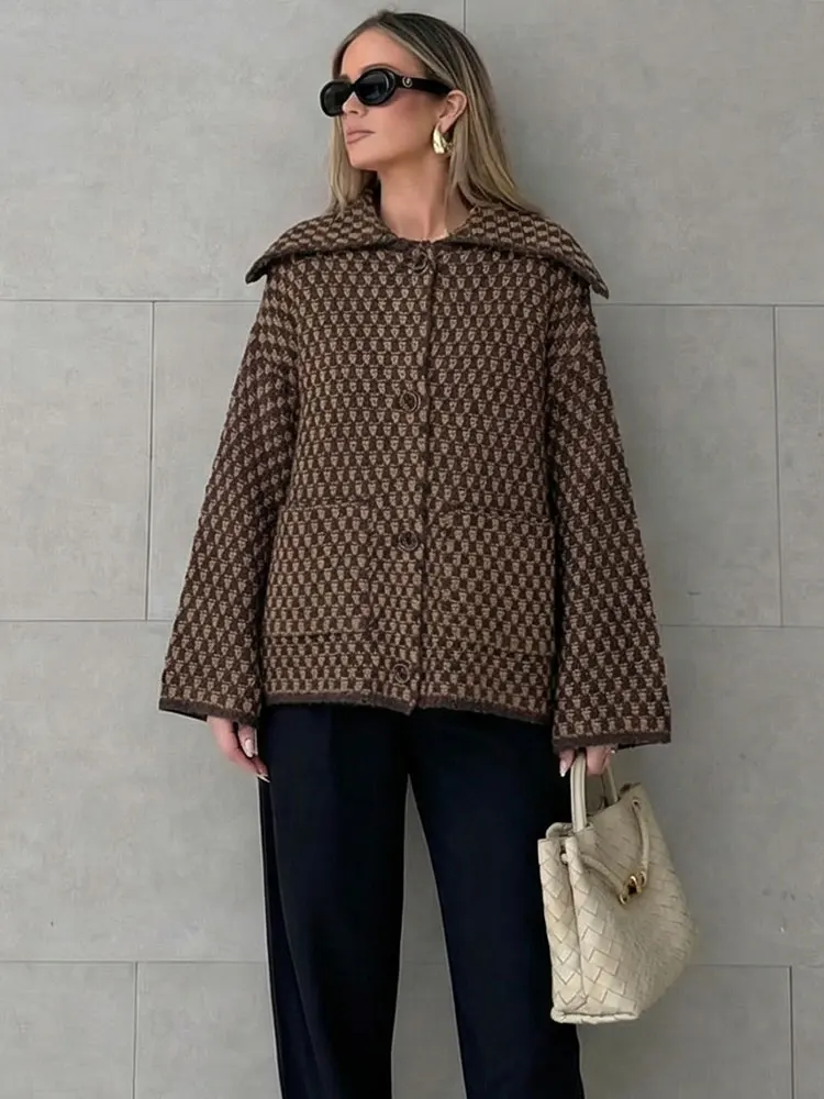 Veste Printemps HH 2026 pour Femmes, Cardigan Tricoté Décontracté Ample, Col Revers, Simple Boutonnage, Manches Longues, Manteau Pull, Hauts de Rue