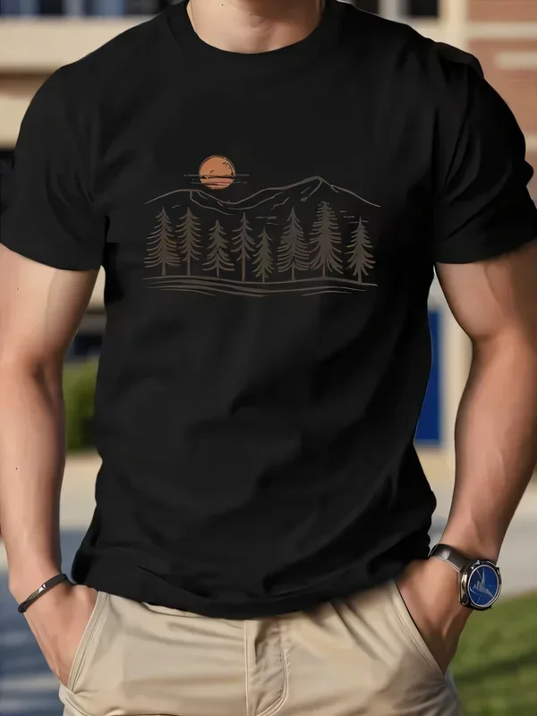 Minimalist Mountain Pine Tree Graphic T-Shirt Men Outdoor Nature Camping Hiking Casual Short Sleeve Tee Shirt Beige Print Top