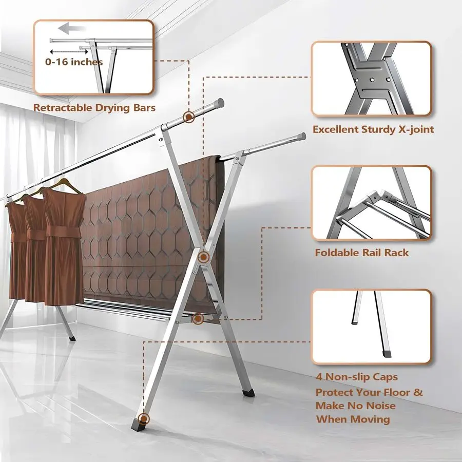 Clothes Drying Rack 2 Tiers, Heavy Duty Drying Rack Clothing Folding Indoor Outdoor, Stainless Steel Laundry Drying Rack, Foldab