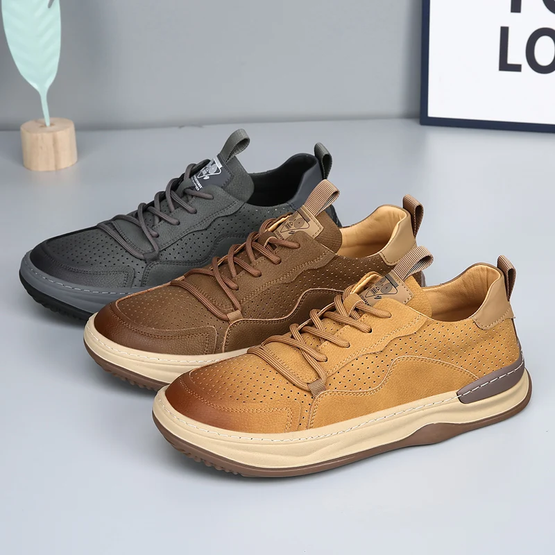 

Men Summer Breathable Perforated Casual Board Shoes Light Luxury Soft Thick Soled Anti Slip Business Commuting Shoes