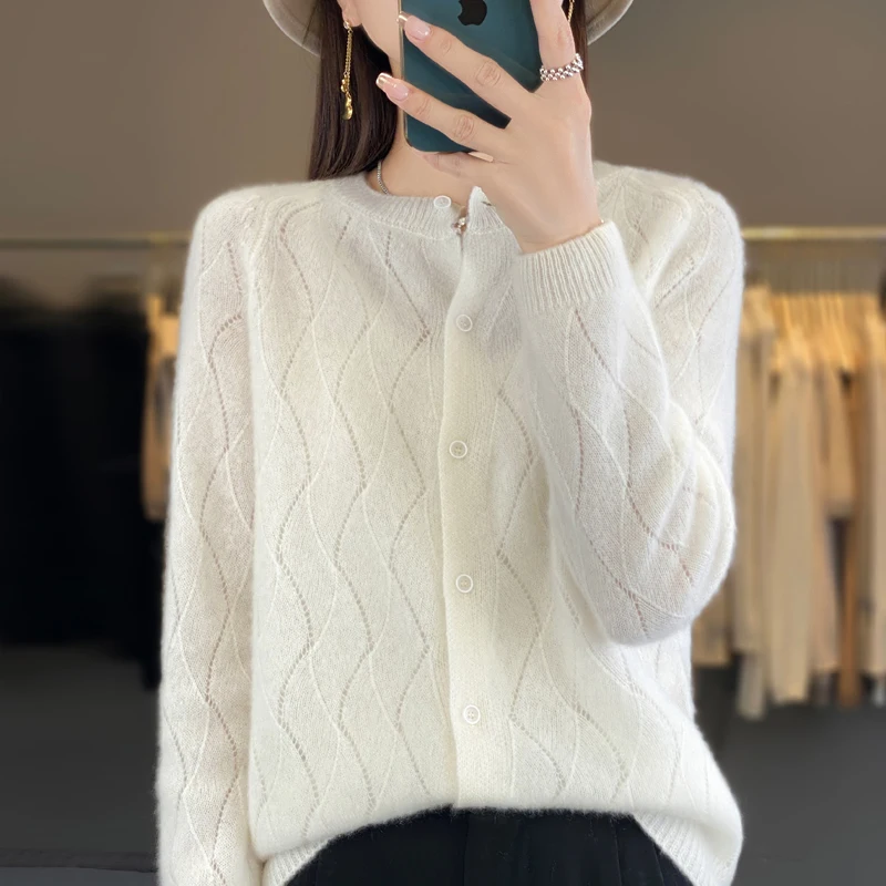 100% Pure Wool Sweater Women\'s Round Neck Cardigan Wave Hollow Cashmere Sweater Jacket Thin Knit Sweater Loose Versatile Sweater