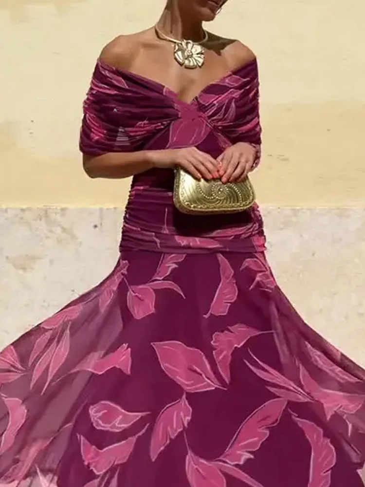 メッシュプリント レディース Vネック 宴会ドレス カジュアル オフショルダー プリーツ ロングドレス サマー レトロ ハイウエスト 半袖 ワンピース