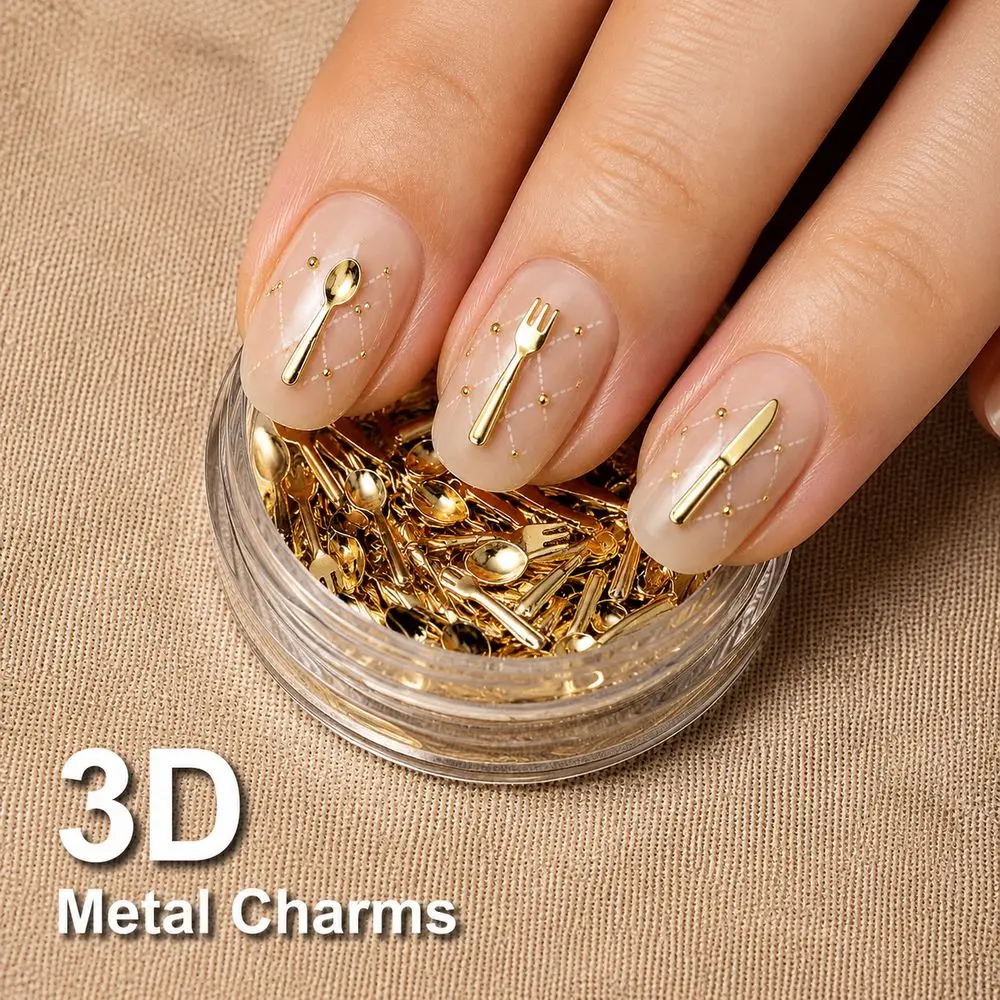 50Pcs Ins Korean Style Nail Art Decor Mini Spoon Fork Cutlery Charms 2‑Color Gold Silver Metal Studs For Nail Salon DIY Supplies