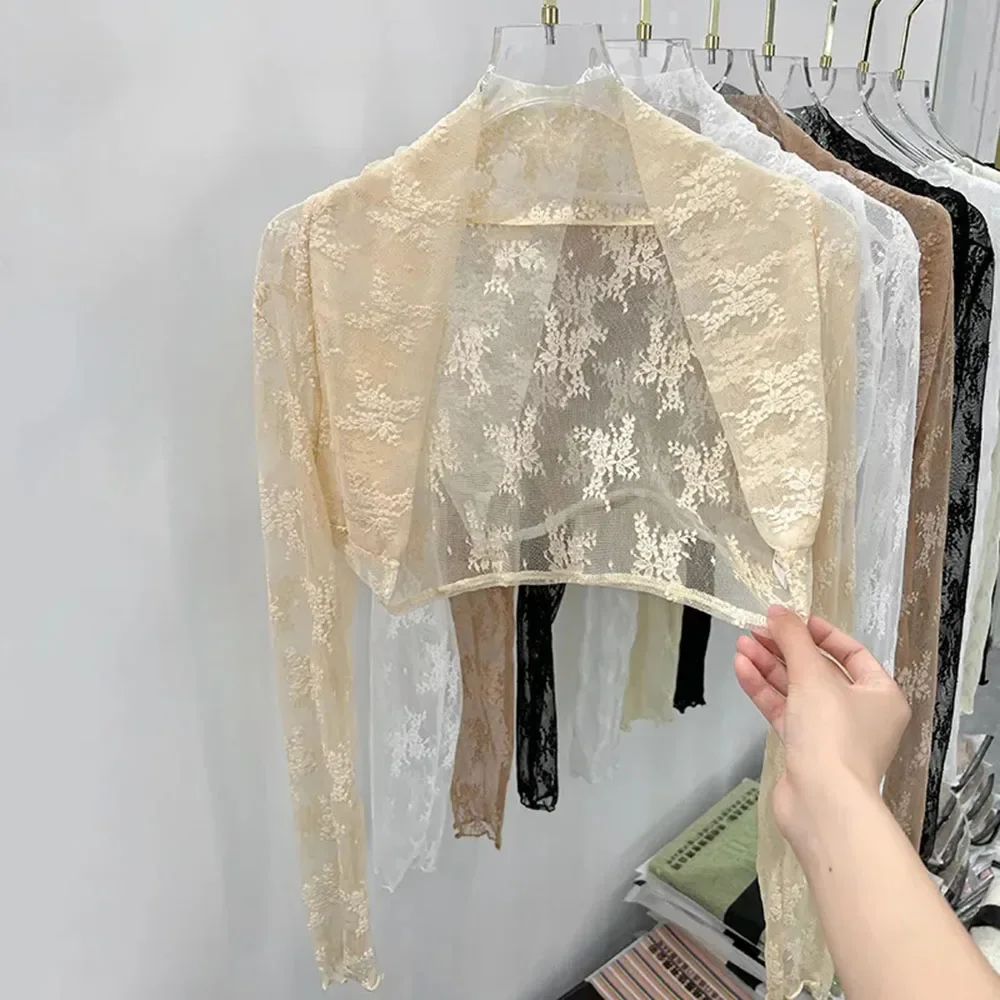 

Long Sleeve Bolero Evening Cardigan Thin Coat Party Elegant Slim Hollow Out New Clothes Lady Elegant Lace Crop Tops Women Summer