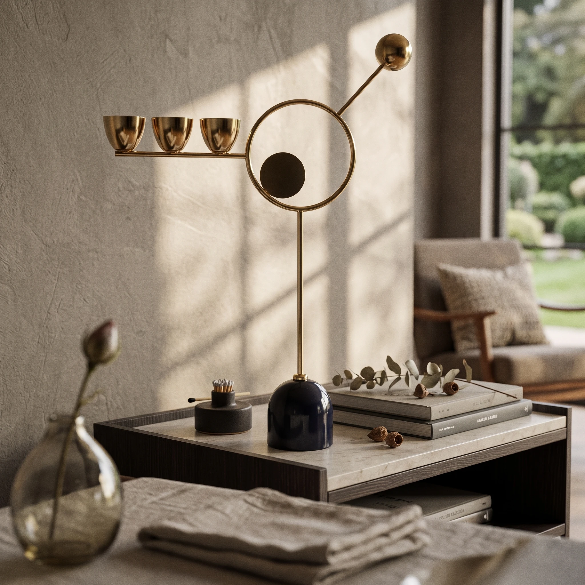 Abstract Gold-toned Candle Holder with Metal Frame Decorative Bougeoir Home Accent for Luxury Modern Interiors