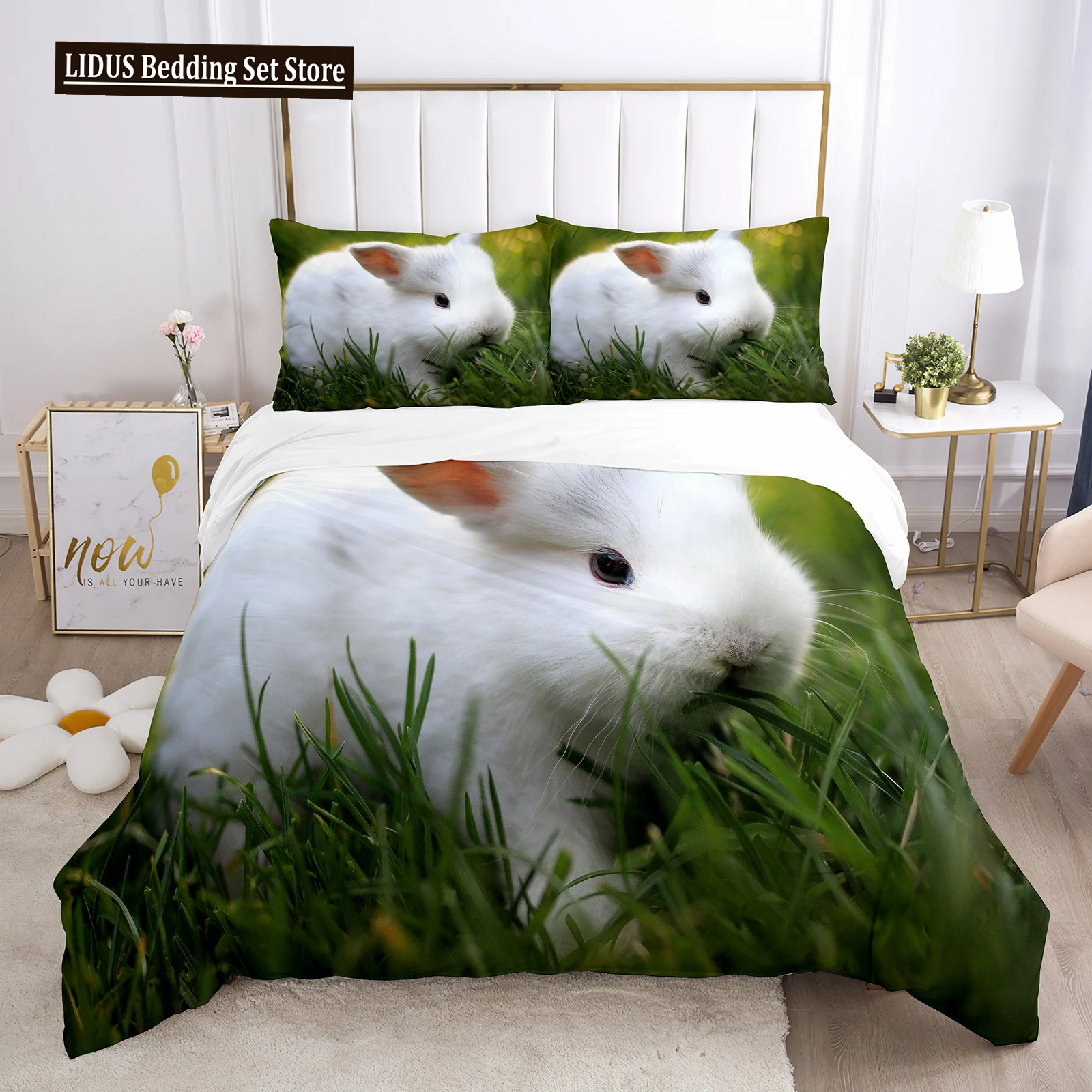 

3D Rabbit Duvet Cover Set Lovely Little Rabbit Green Grassland Decor Bedding For Kids Girls Gift Animal Theme Bedroom Decoration