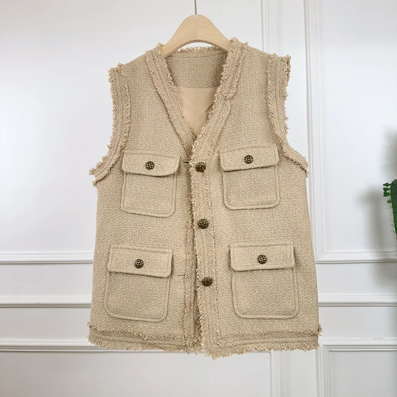

Французский женский v-образный вырез с бахромой без рукавов цвета хаки, зеленый, маленький аромат, повседневный универсальный твидовый жилет, женская куртка