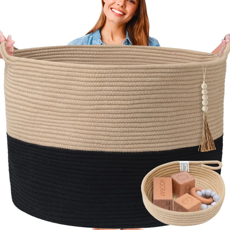 

XXXXL Washable Blanket Basket Living Room Boho 24" x 17" 2PCs Toy Woven Rope for Blankets, Pillows, Throws, Laundry + Small Bask