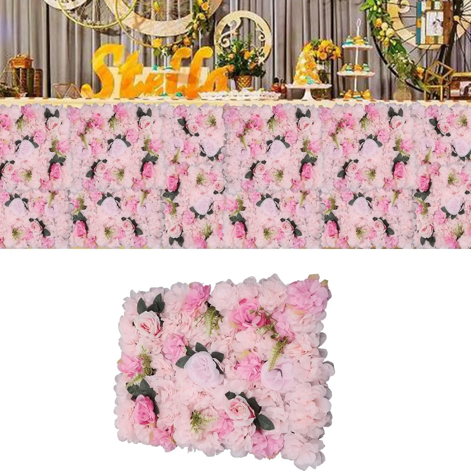 

12Pcs Flower Wall Panel Artificial Flower Wall Backdrop, 24"" x 16"" Silk Fabric Floral Wall Mat Pink Rose Wall Backdrop