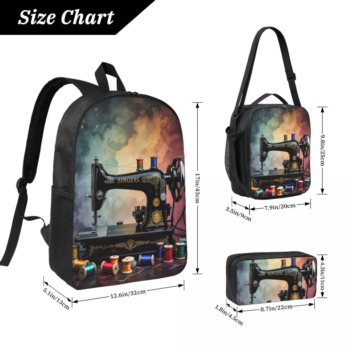 Sewing Machine Sewing Time Backpack Boys Girls BookBag School Bag Computer Shoulder Bags 3ps Insulated Lunch Bag Pencil Case