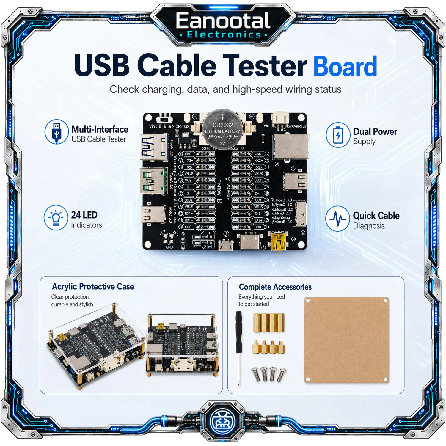 Portable USB Cable Tester with Acrylic Case, 24 LED Type-C Micro Lightning Data Cable Checker, CR2032 Battery Optional